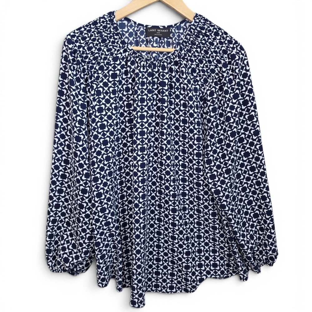 Lane Bryant Top Womens Plus 14/16 Navy Blue Peasant Blouse Keyhole Neck Casual